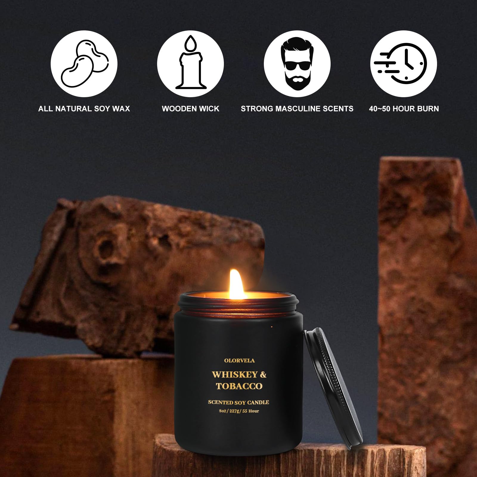 olorvela Summer Hill Amber Wood packaging on candle, gift-ready presentation for birthdays or holidays.
