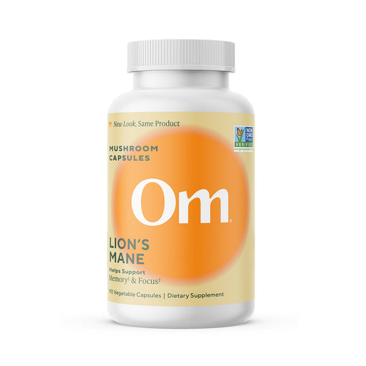 Bottle of Om Lion’s Mane mushroom capsules with label