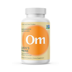 Bottle of Om Lion’s Mane mushroom capsules with label