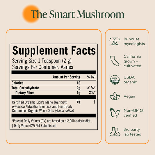 Packaging and label of Om Lion's Mane Mushroom Powder