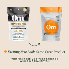 Prepared beverage with Om Master Blend powder in a glass