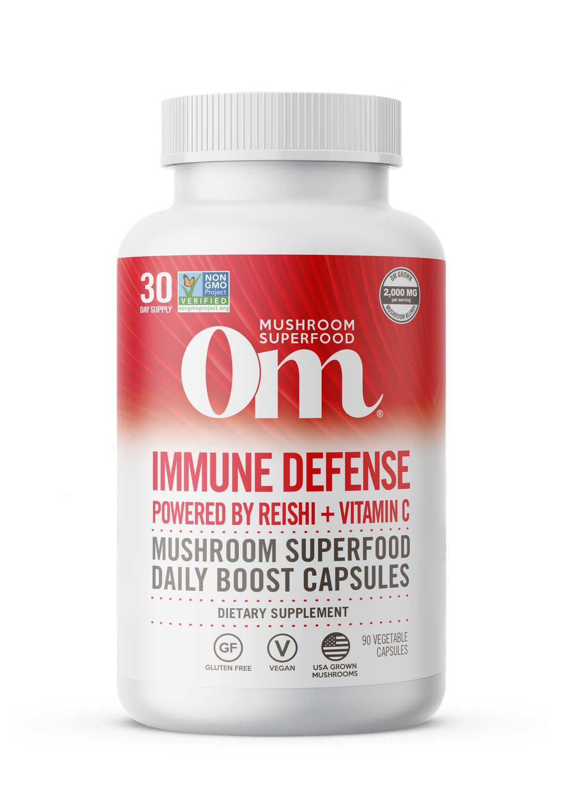 Om Mushroom Immune Defense bottle label showcasing the Reishi, Turkey Tail, Maitake, and Agaricus blazei mushroom blend