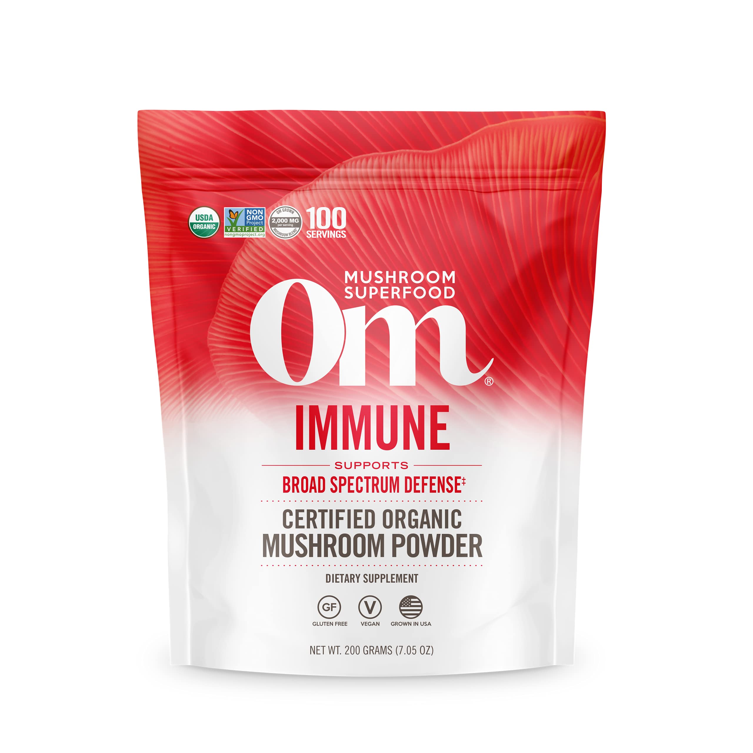 Front view of OM Mushroom Immune Superfood Powder pouch