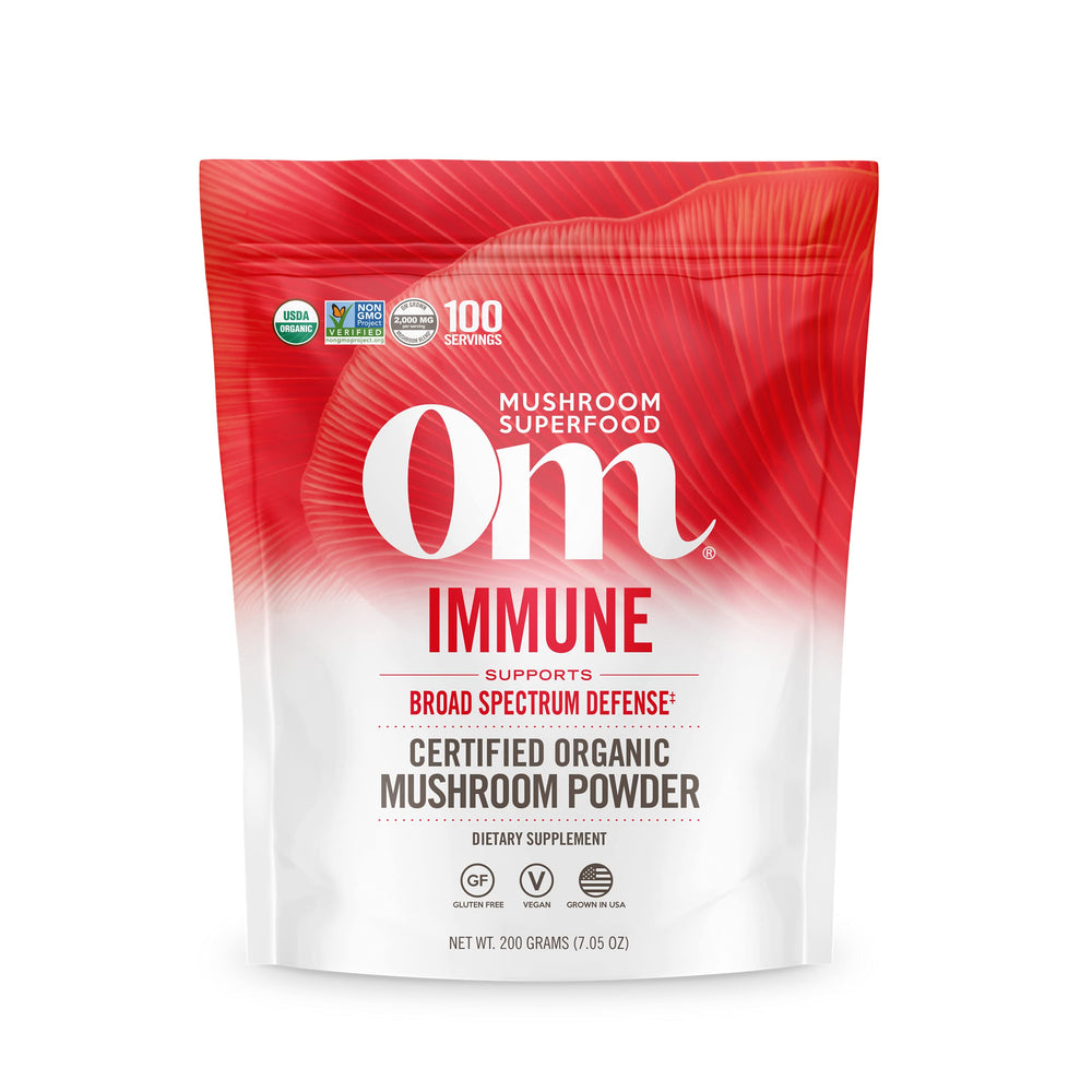 Front view of OM Mushroom Immune Superfood Powder pouch
