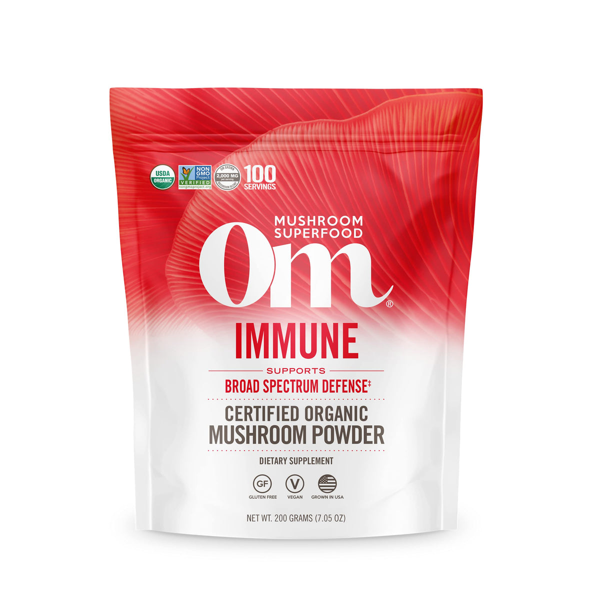 Front view of OM Mushroom Immune Superfood Powder pouch