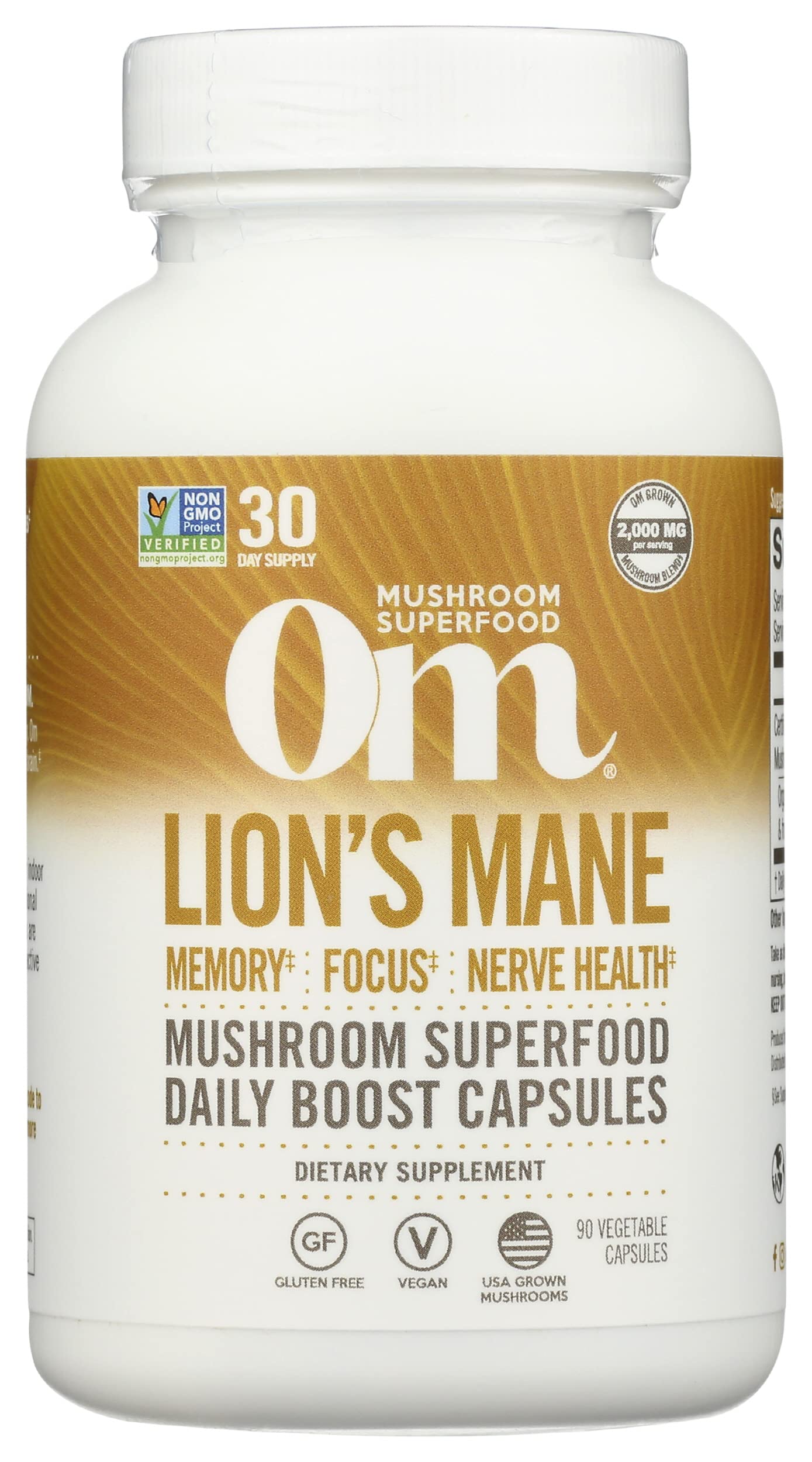 Om Mushroom Superfood Lion's Mane Capsules bottle, fruit body and mycelium nootropic for memory, focus and mood, 90 capsules.