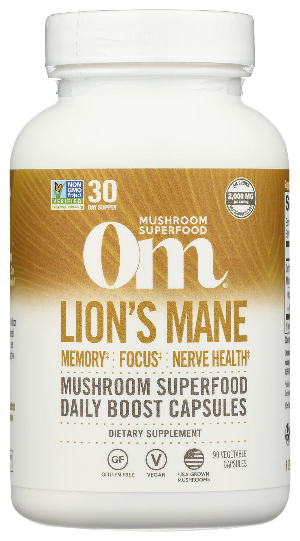 Om Mushroom Superfood Lion's Mane Capsules bottle, fruit body and mycelium nootropic for memory, focus and mood, 90 capsules.