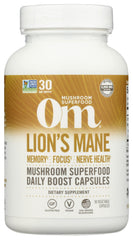 Om Mushroom Superfood Lion's Mane Capsules bottle, fruit body and mycelium nootropic for memory, focus and mood, 90 capsules.
