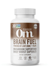 Bottle of OM Mushroom Superfood Brain Fuel capsules (90 count)