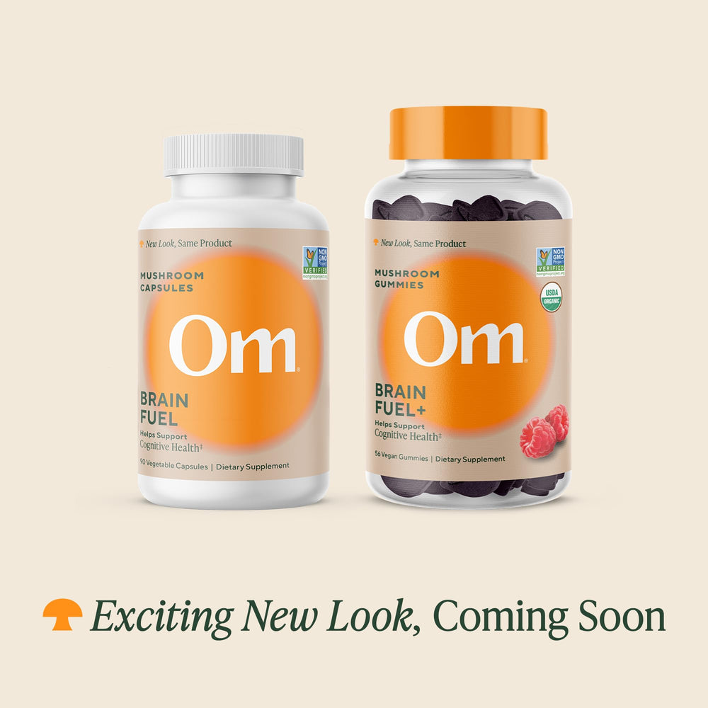Close-up of OM Mushroom Brain Fuel capsules