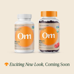 Close-up of OM Mushroom Brain Fuel capsules