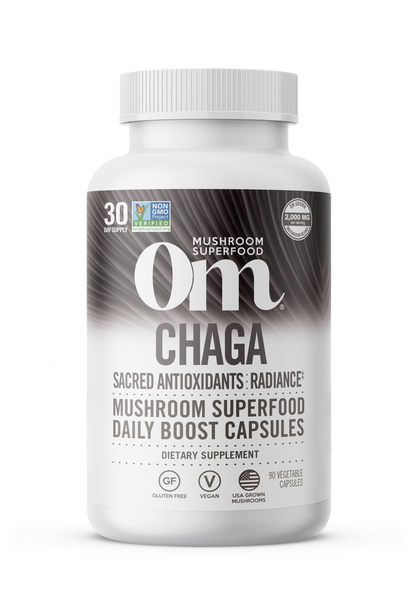 Om Mushroom Superfood Chaga Capsules bottle on white background