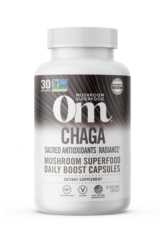 Om Mushroom Superfood Chaga Capsules bottle on white background