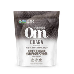 OM MUSHROOM SUPERFOOD Chaga powder in a jar for easy daily use.