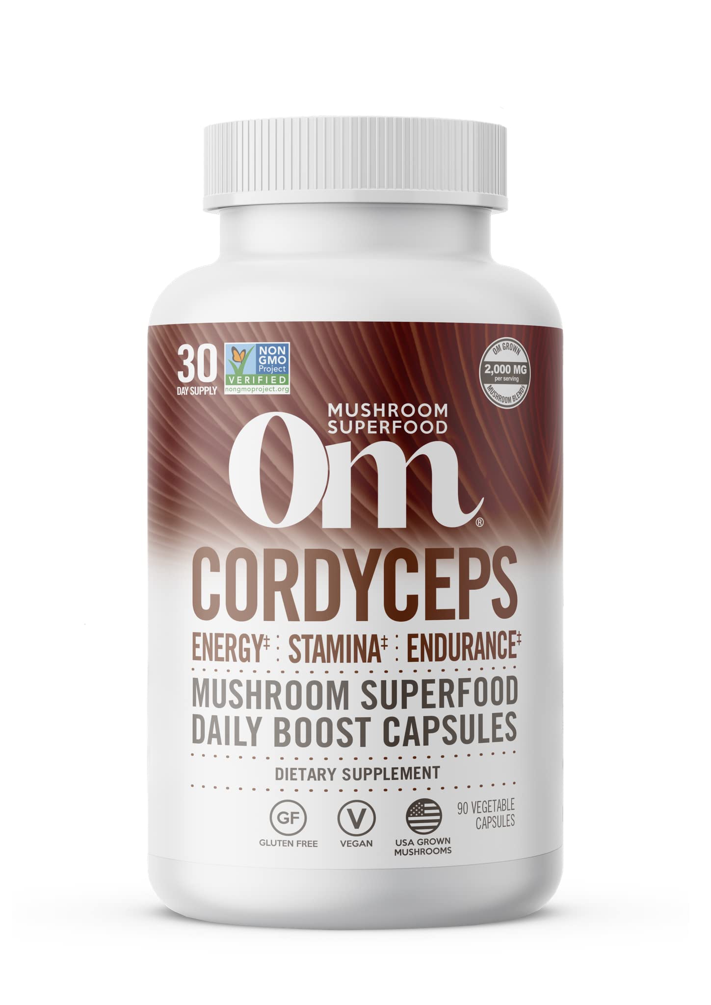 Front view of OM Mushroom Superfood Cordyceps Capsules bottle
