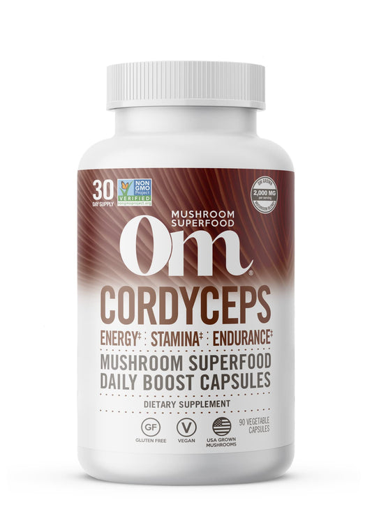 Front view of OM Mushroom Superfood Cordyceps Capsules bottle