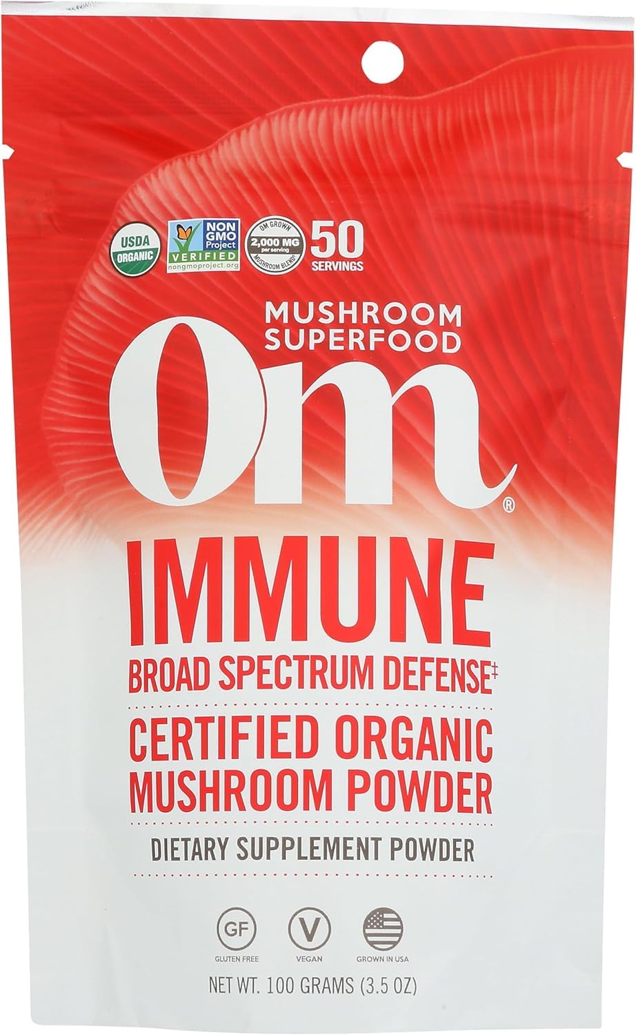 Front view of OM Mushroom Superfood Immune Blend 100g pouch