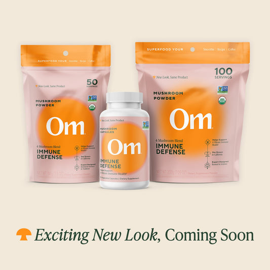 Nutrition panel on OM Mushroom Immune Blend 100g pouch