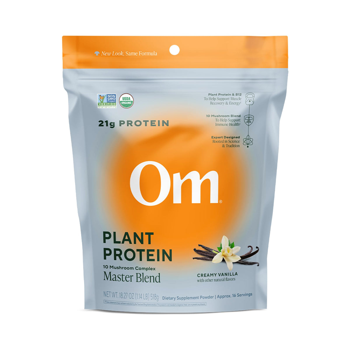 OM Mushroom Superfood Master Blend Vanilla Vegan Protein bottle - front view