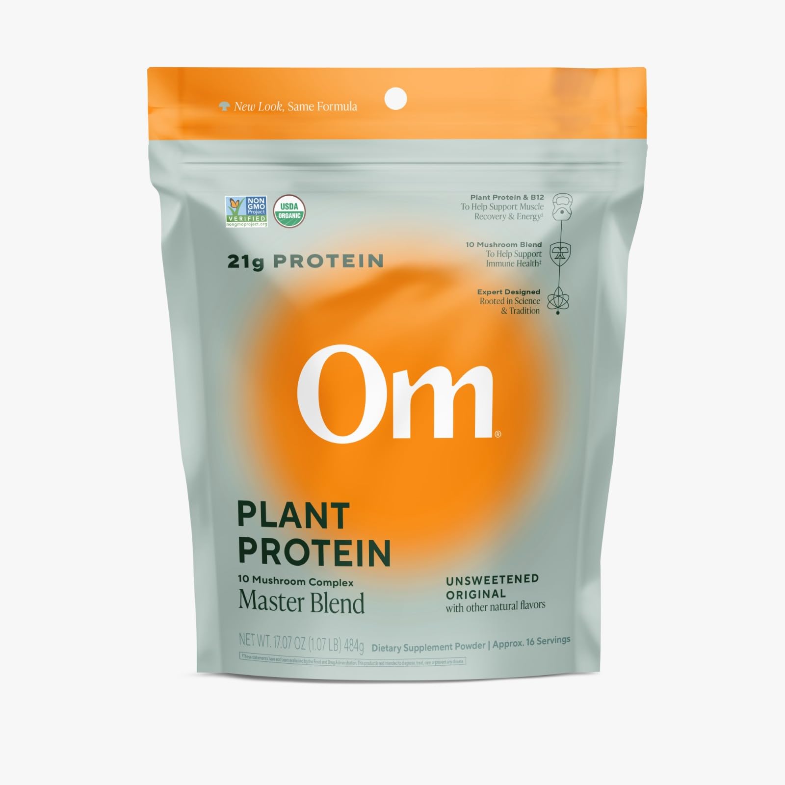 Front view of OM Mushroom Superfood Master Blend vegan protein powder jar