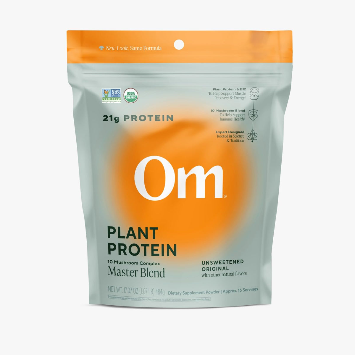 Front view of OM Mushroom Superfood Master Blend vegan protein powder jar