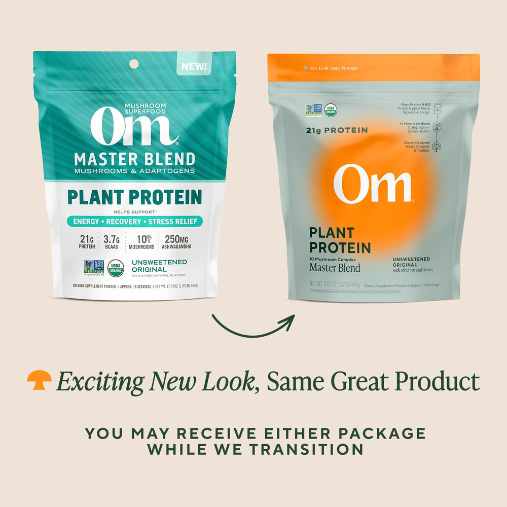 Close-up of OM Mushroom Superfood Master Blend label on jar