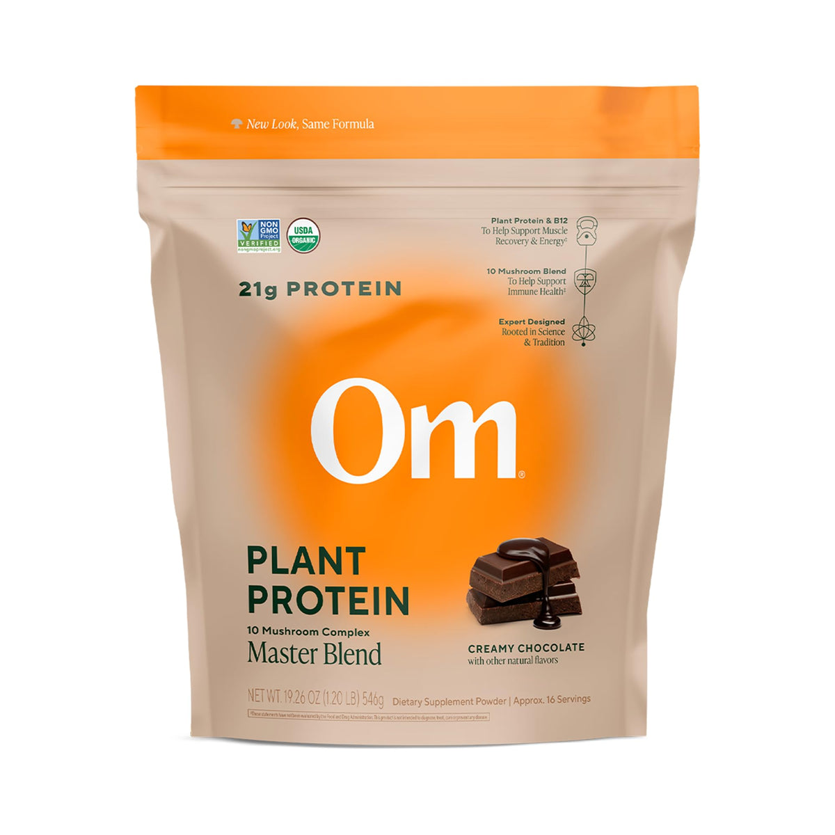 OM Mushroom Superfood Master Blend vegan chocolate protein powder container