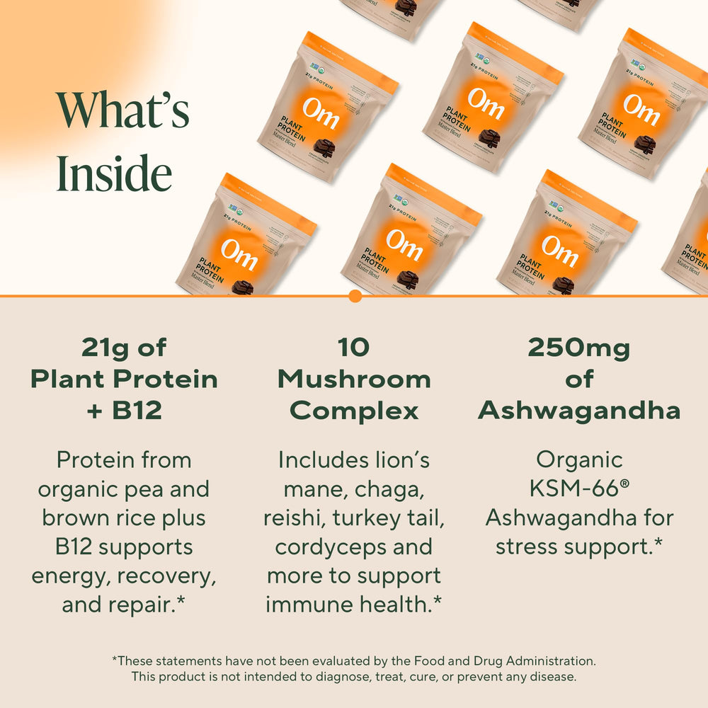 Ashwagandha and BCAAs highlighted on OM Mushroom Superfood Master Blend label