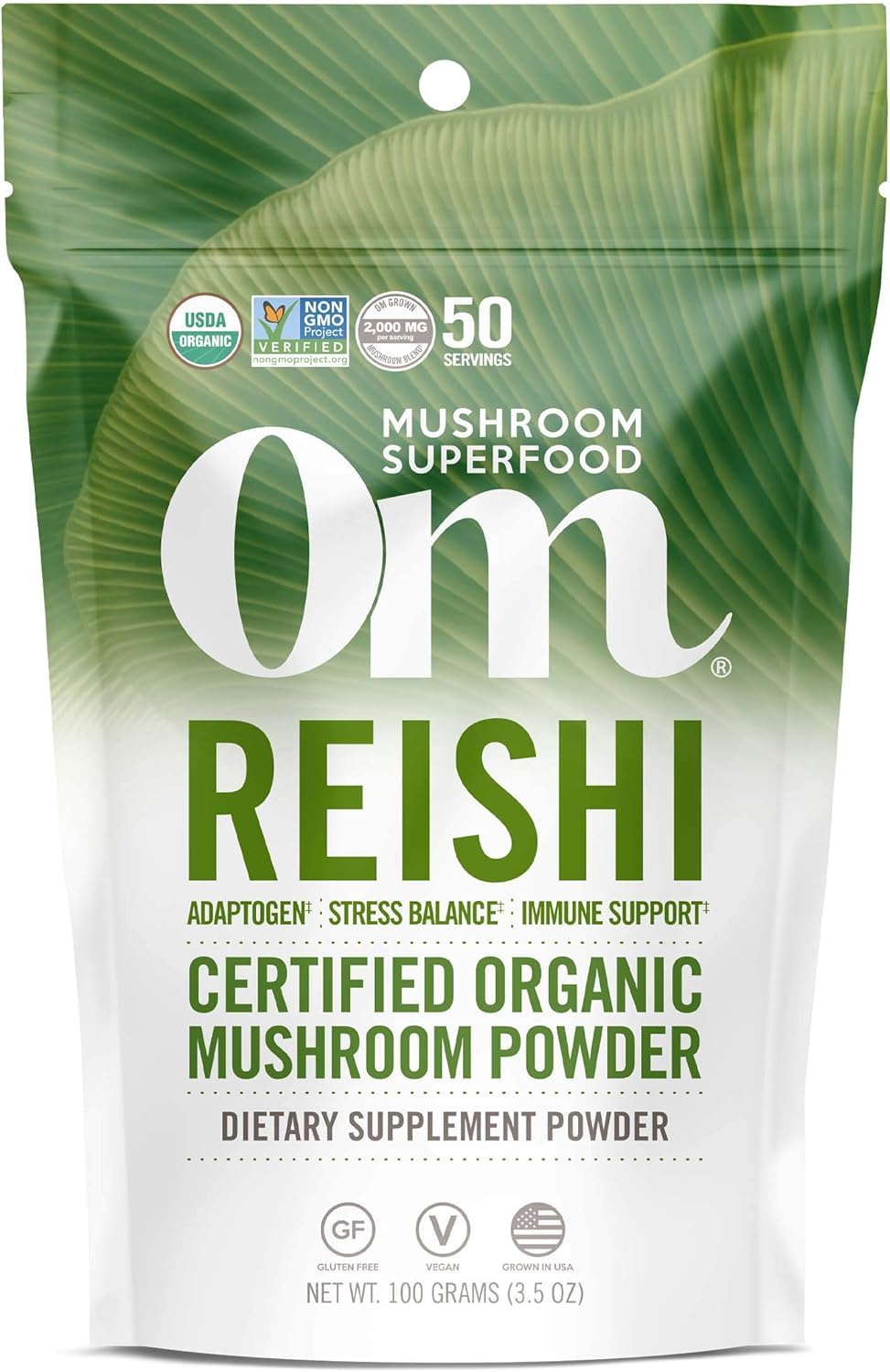 Front view of OM MUSHROOM SUPERFOOD Reishi Organic Mushroom Powder container