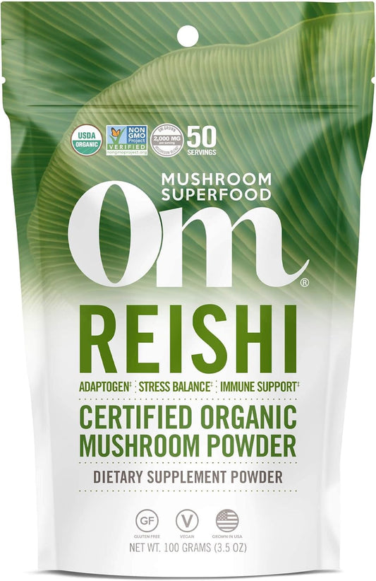Front view of OM MUSHROOM SUPERFOOD Reishi Organic Mushroom Powder container