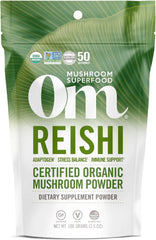 Front view of OM MUSHROOM SUPERFOOD Reishi Organic Mushroom Powder container