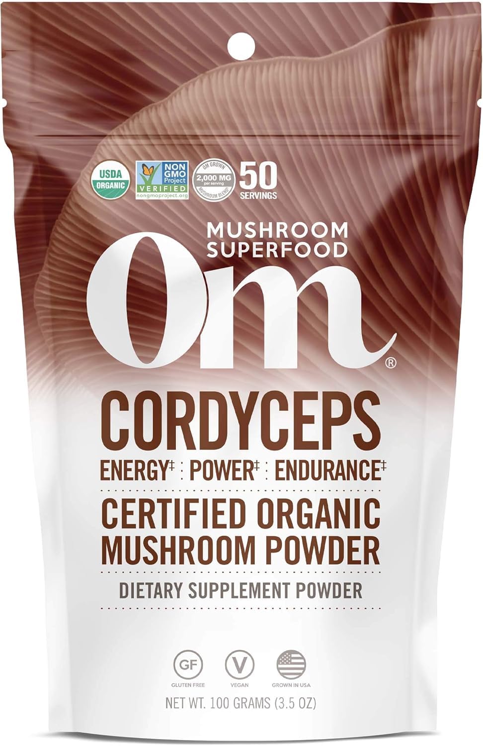 Front view of OM Mushroom Superfood Cordyceps Organic Powder 3.5 oz
