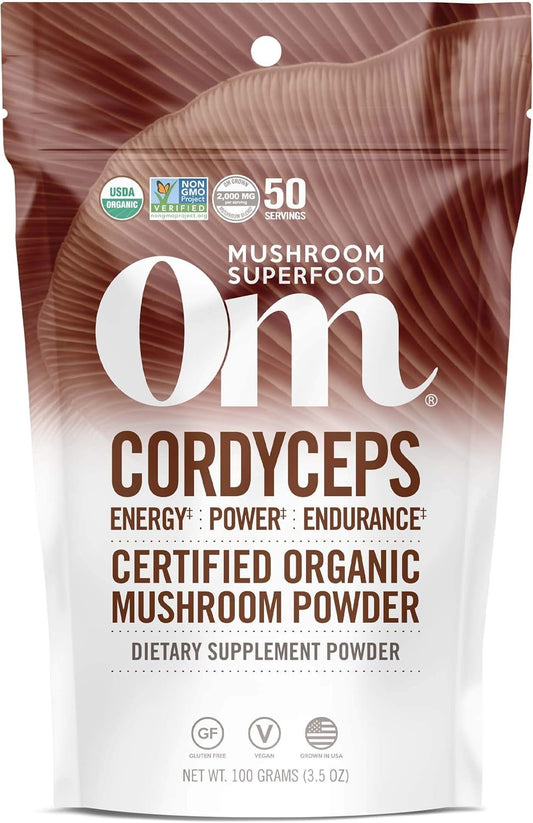 Front view of OM Mushroom Superfood Cordyceps Organic Powder 3.5 oz