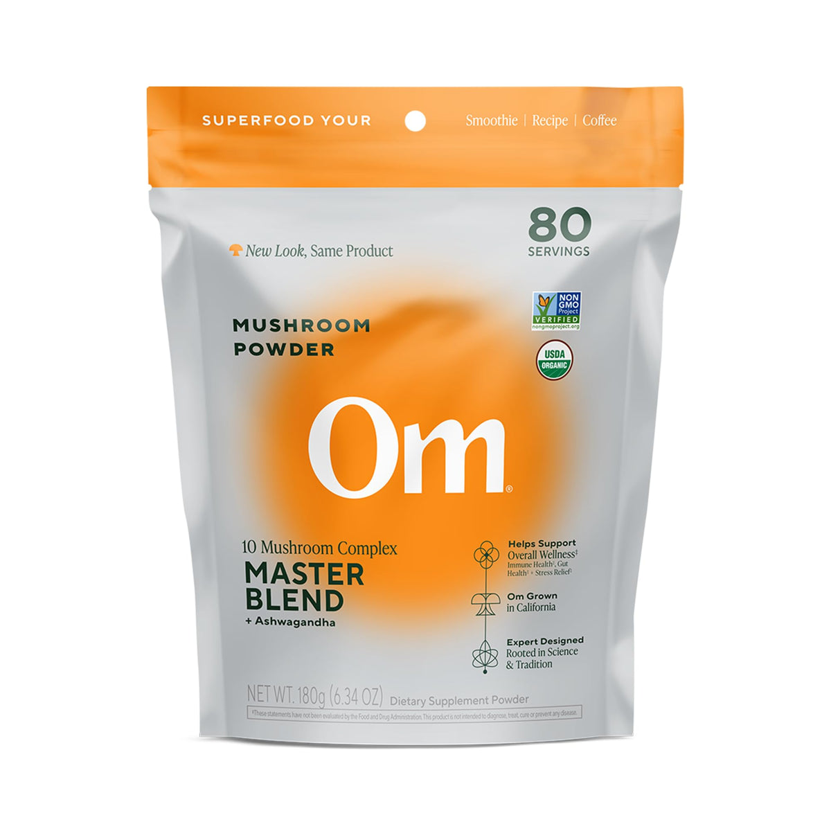 Hero image of OM Mushrooms Master Blend Mushroom Powder in a 6.34 oz pouch (80 servings)