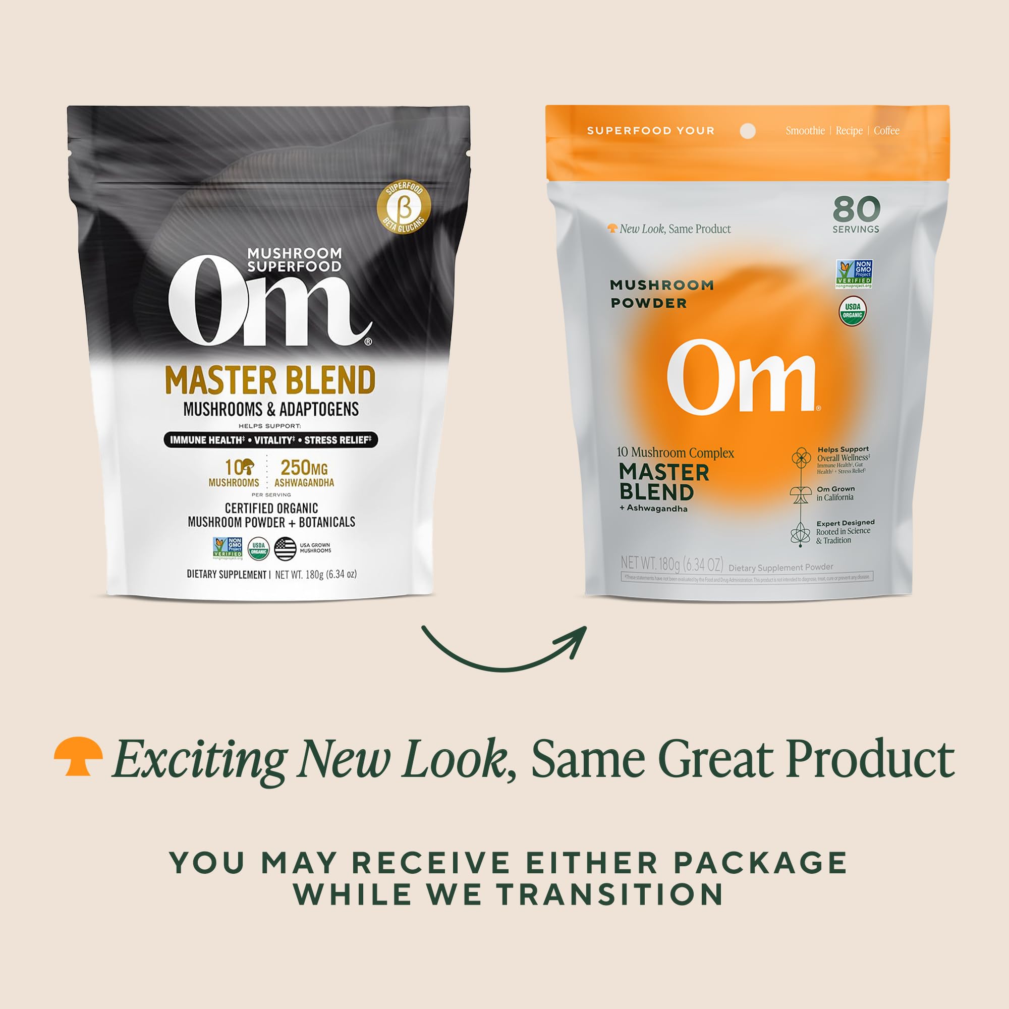 Serving size scoop with OM Mushrooms Master Blend powder