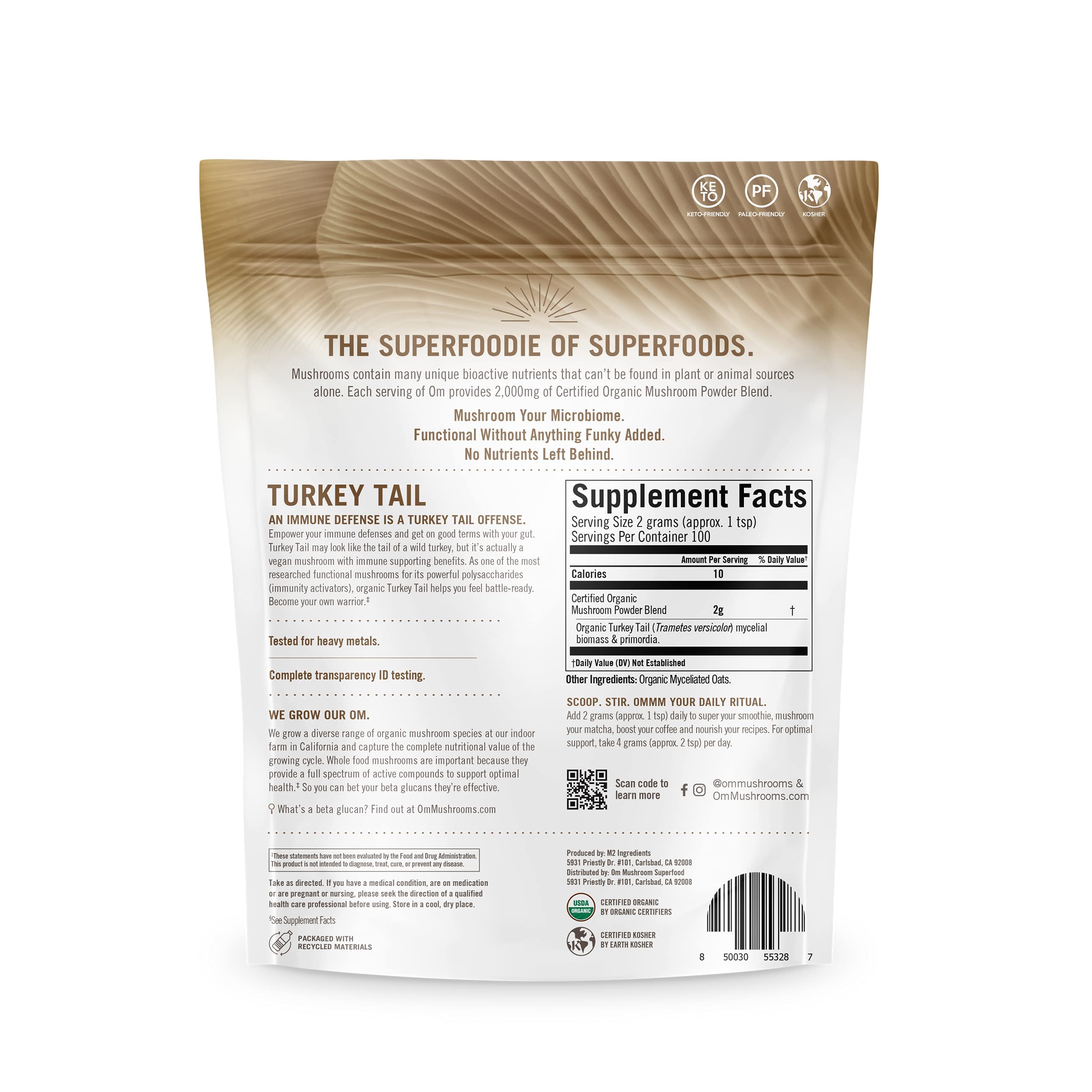 Ingredients panel and organic certification on Om Turkey Tail Powder