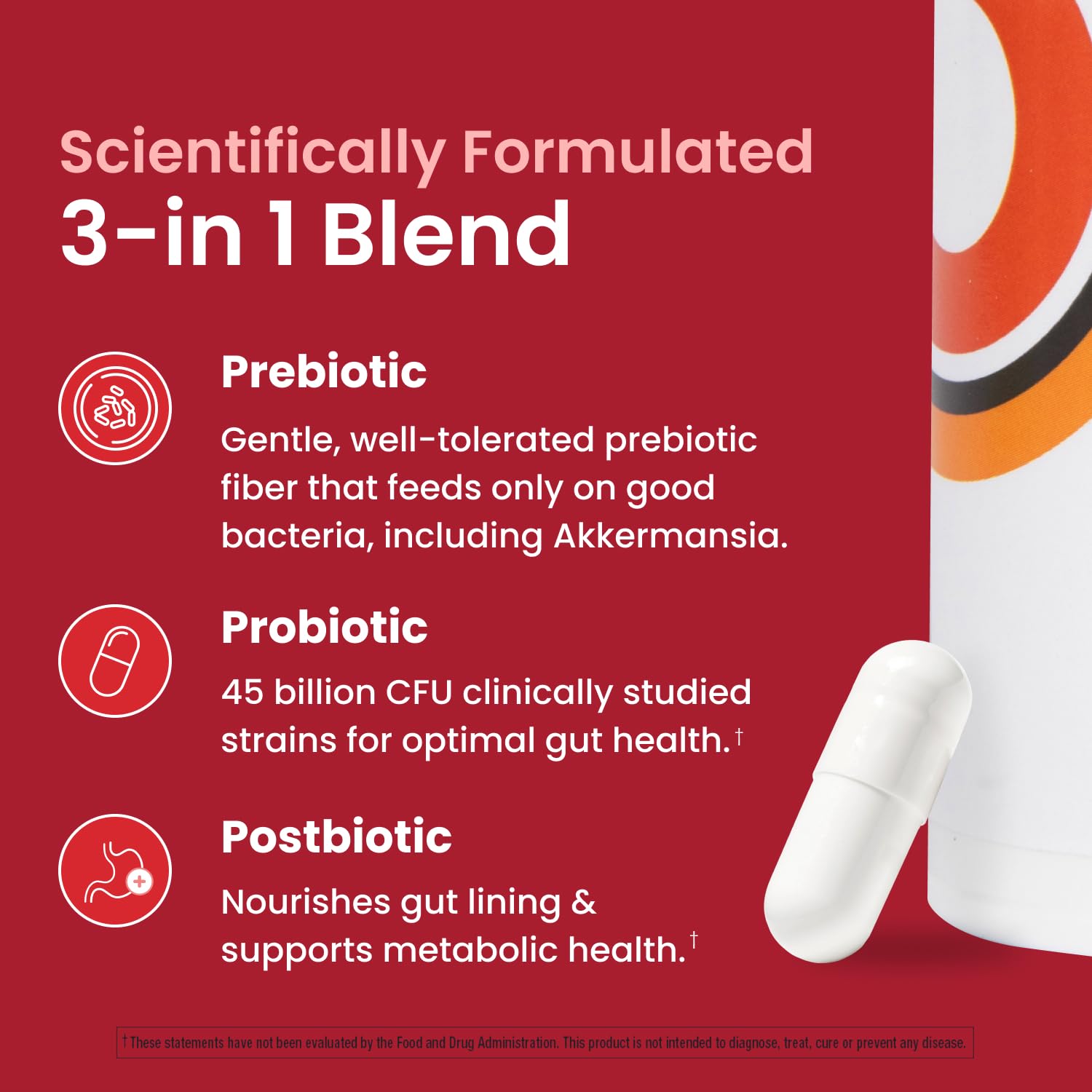 Bottle label highlighting 45B CFU and 3-in-1 probiotic blend