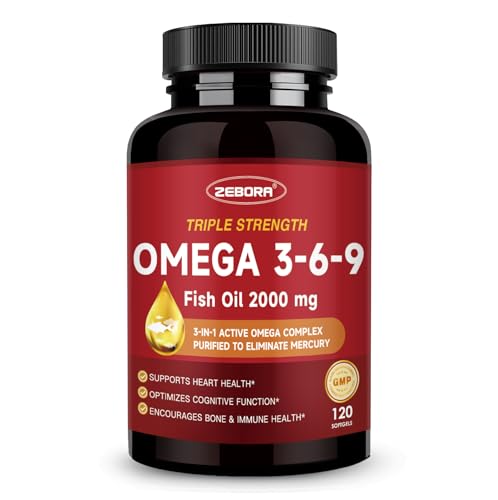 Bottle of Triple Omega 3-6-9 Fish Oil 2000mg with D3 & Astaxanthin
