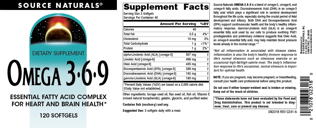 Ingredients and data panel for Omega 3-6-9