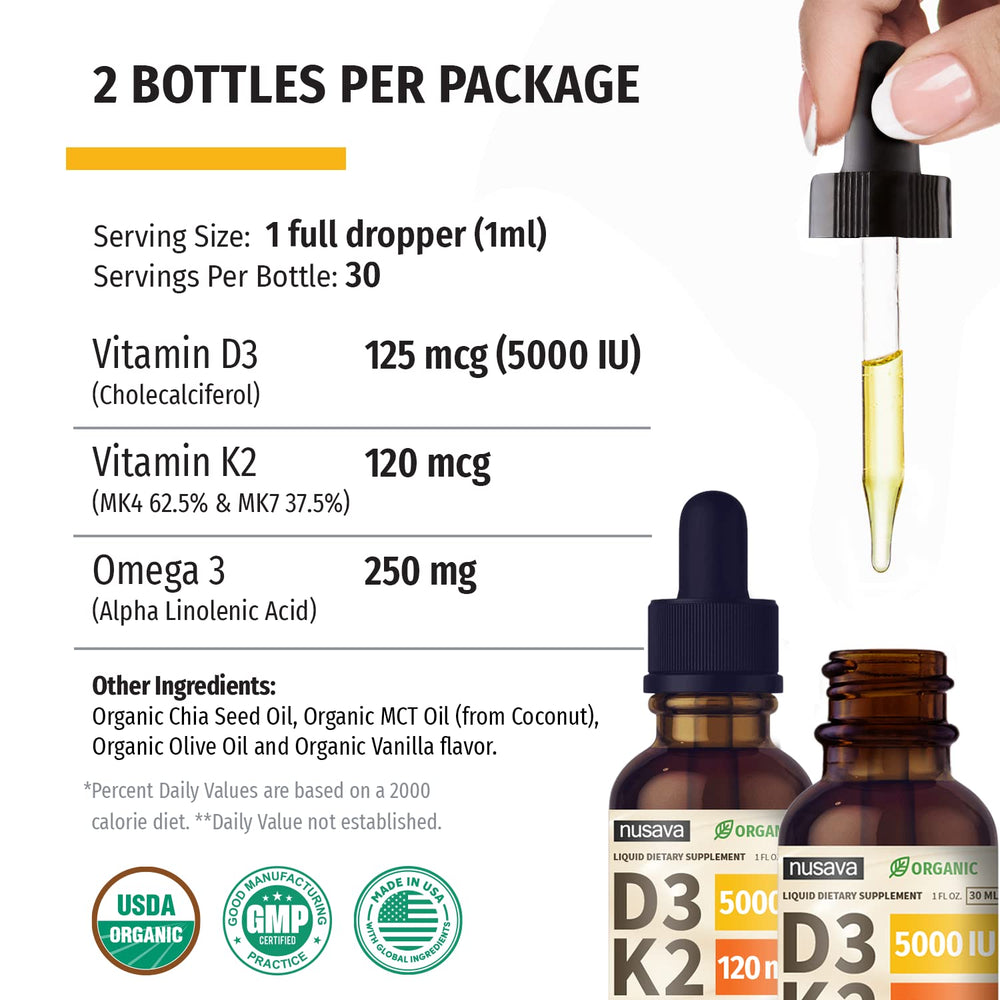 Omega-3 and chia oil blend in Vitamin D3 K2 liquid drops