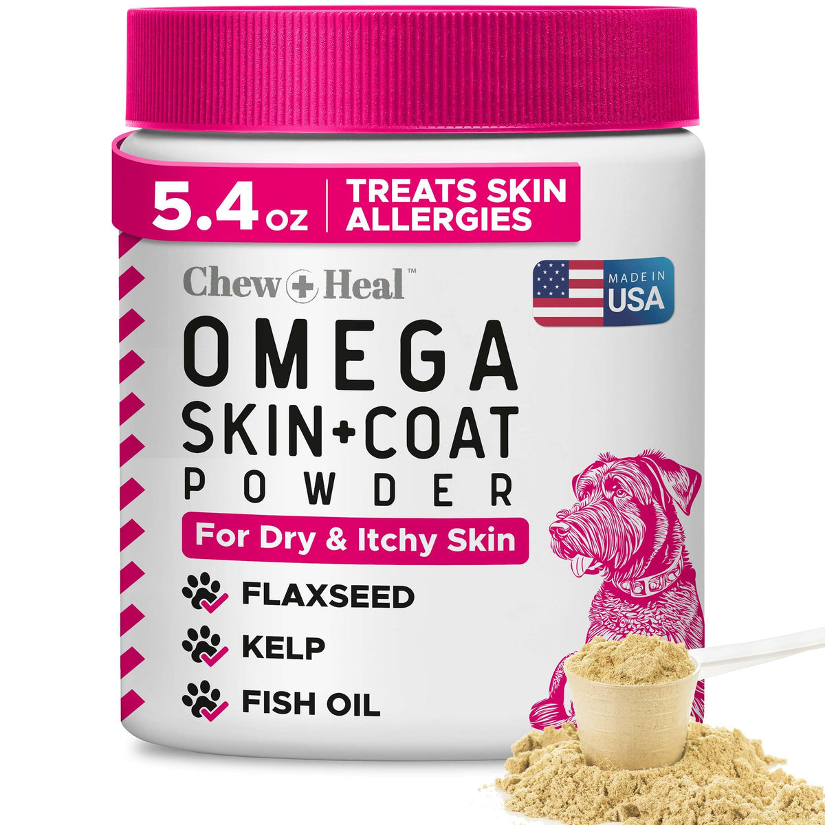 Front view of Omega 3 Dog Powder container