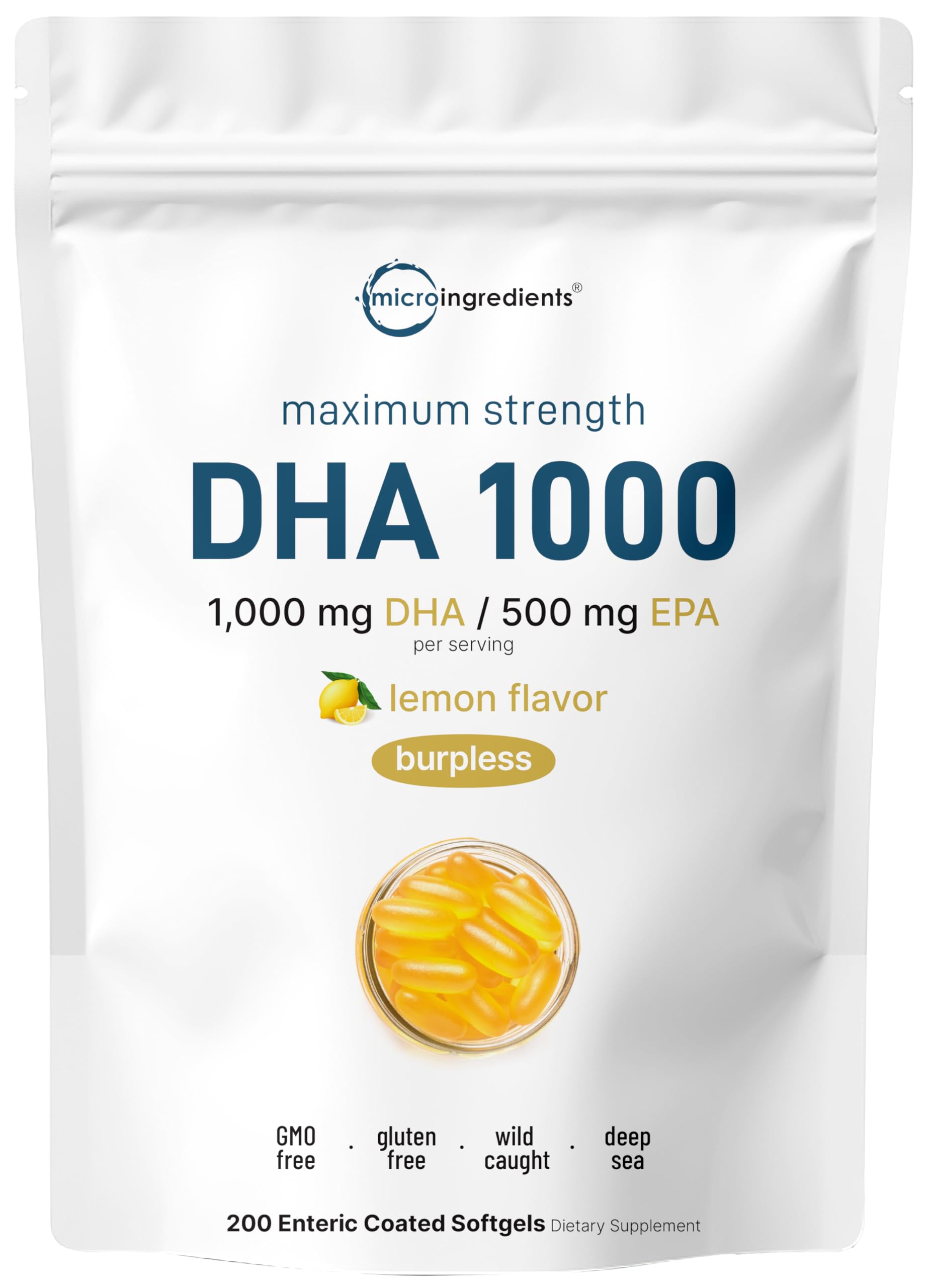 Bottle of Omega 3 Fish Oil 1000mg DHA 500mg EPA with lemon flavor