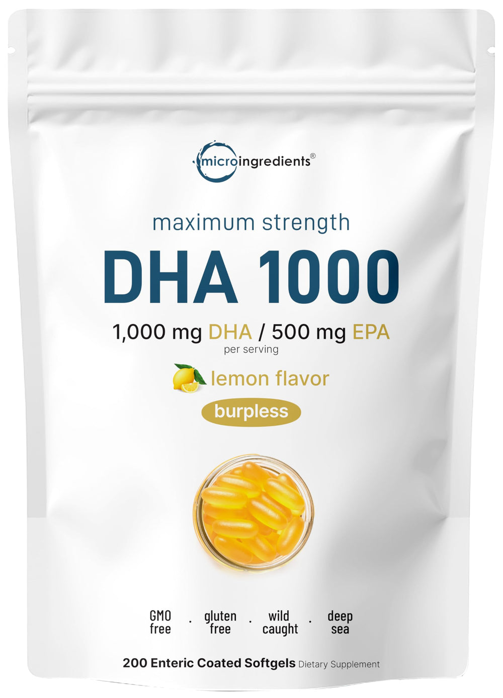 Bottle of Omega 3 Fish Oil 1000mg DHA 500mg EPA with lemon flavor