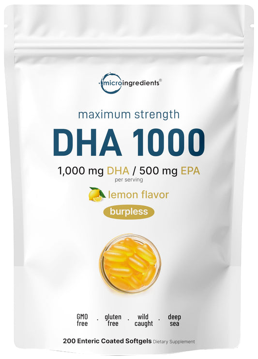 Bottle of Omega 3 Fish Oil 1000mg DHA 500mg EPA with lemon flavor
