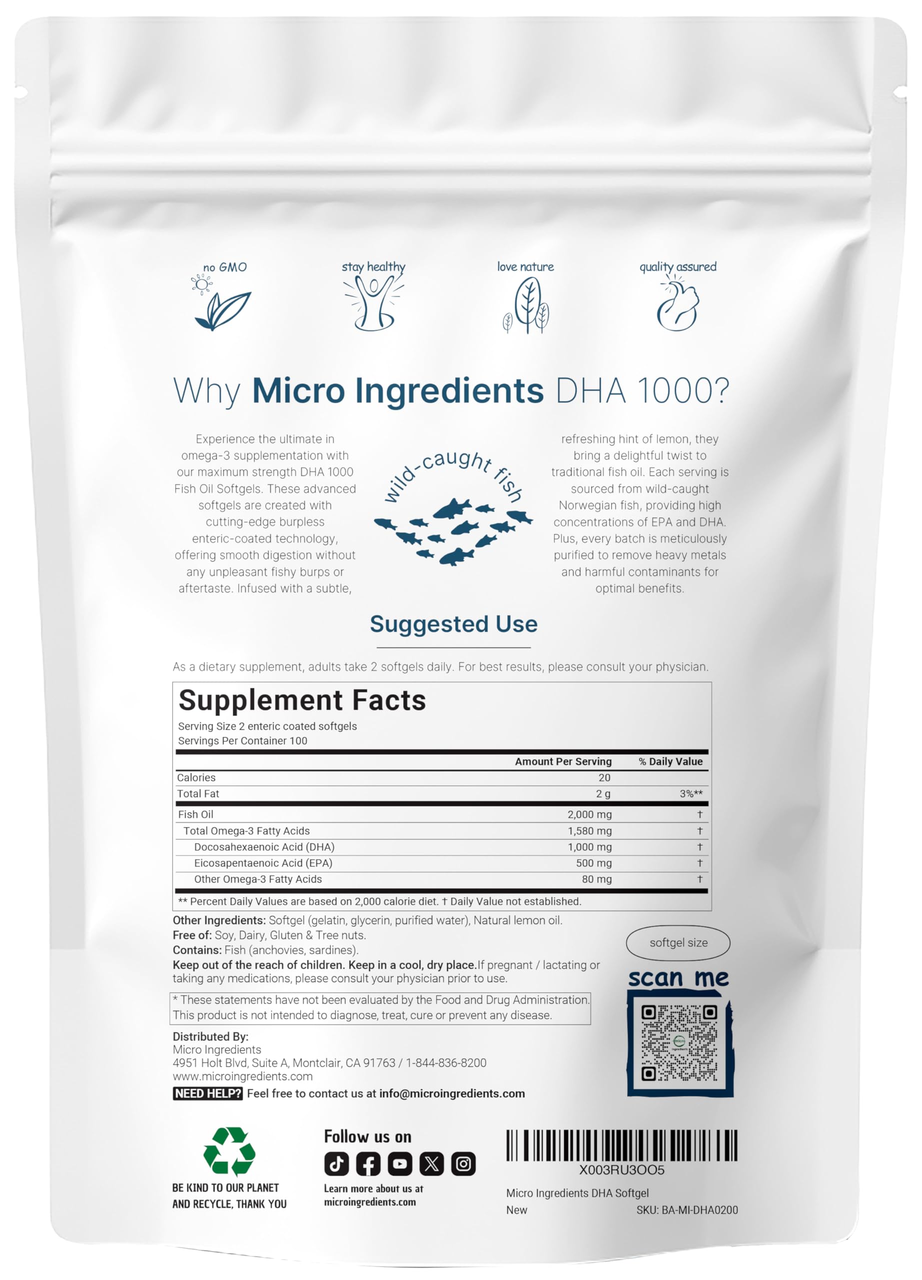 Close-up of softgel capsules showing 1000mg DHA and 500mg EPA per serving