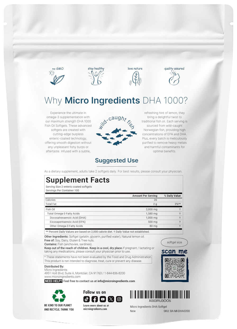 Close-up of softgel capsules showing 1000mg DHA and 500mg EPA per serving
