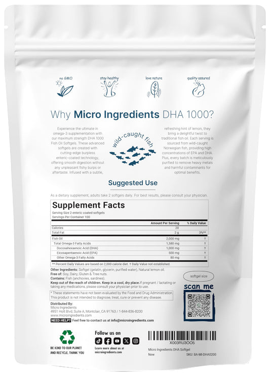 Close-up of softgel capsules showing 1000mg DHA and 500mg EPA per serving