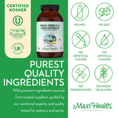 Side view of Maxi Health Omega 3 bottle with 90 softgels