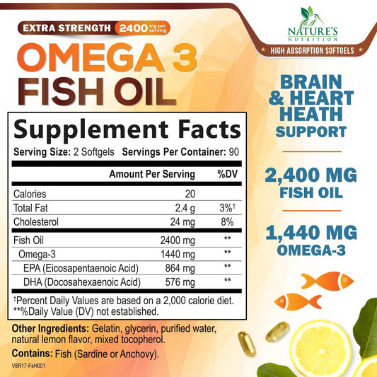 Back label with supplement facts for Omega 3 Fish Oil 2400 mg