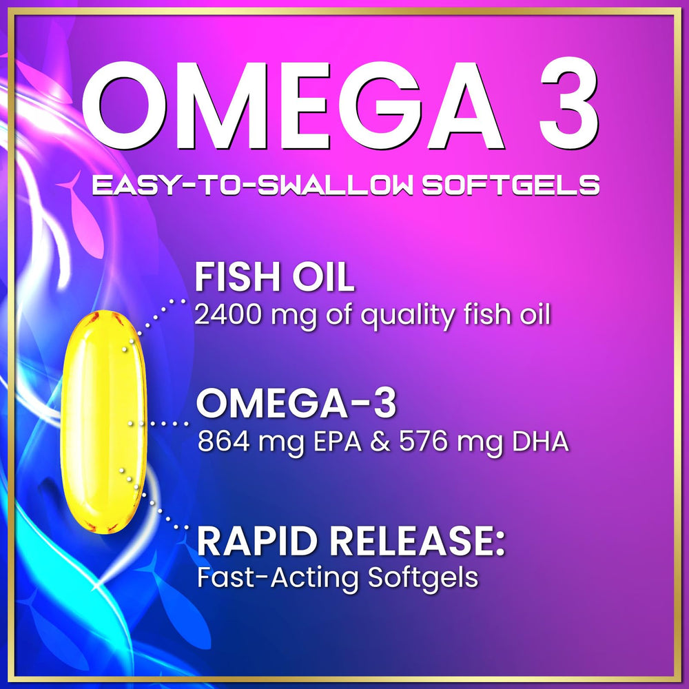 Close-up of Omega-3 Fish Oil 2400mg bottle